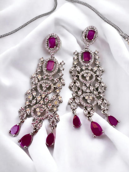 Pink Stone Jewelry Set for Women, Neckpiece with Drop Earrings, Encrusted Stones