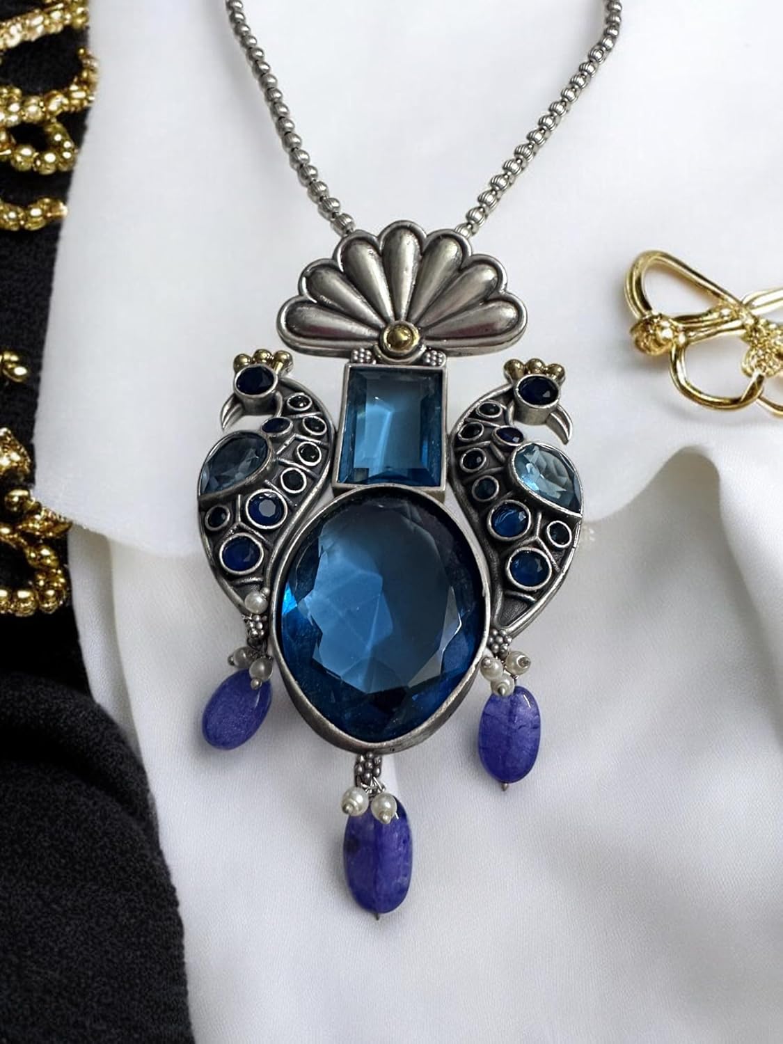 Vintage Style Peacock Jewelry Set, Blue Crystal Necklace and Earrings, Antique Silver Finish