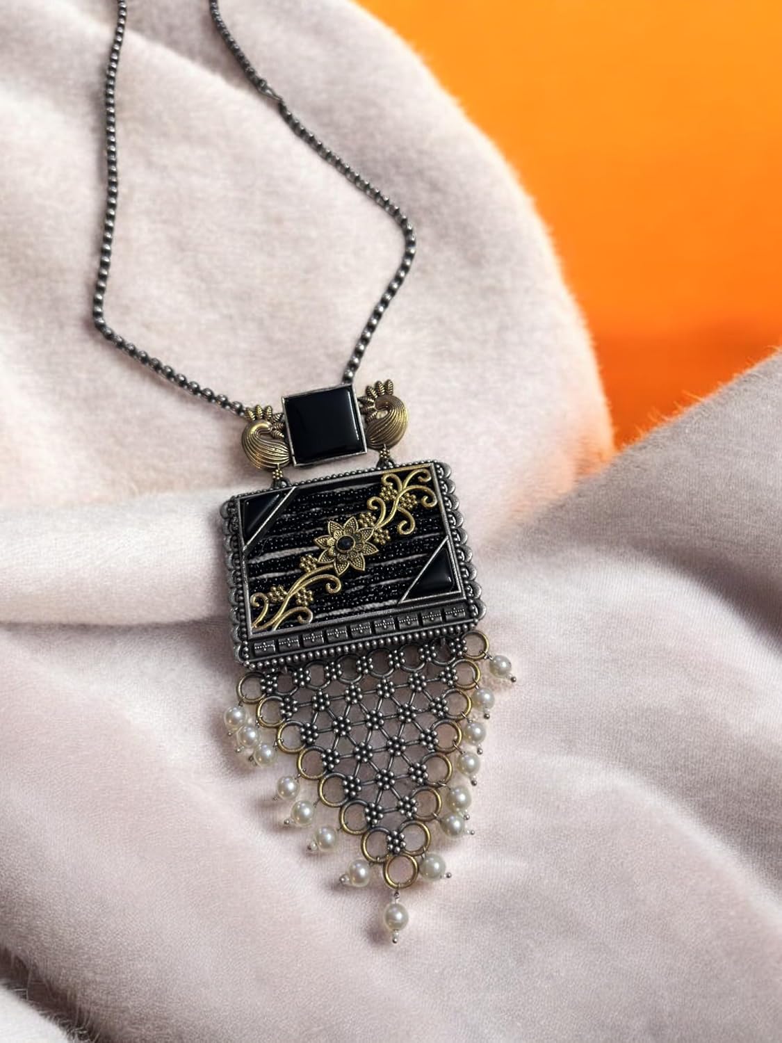 Vintage Style Pearl Necklace Set, Antique Bronze Pendant with Yellow Strings Traditional Jhumka Earrings