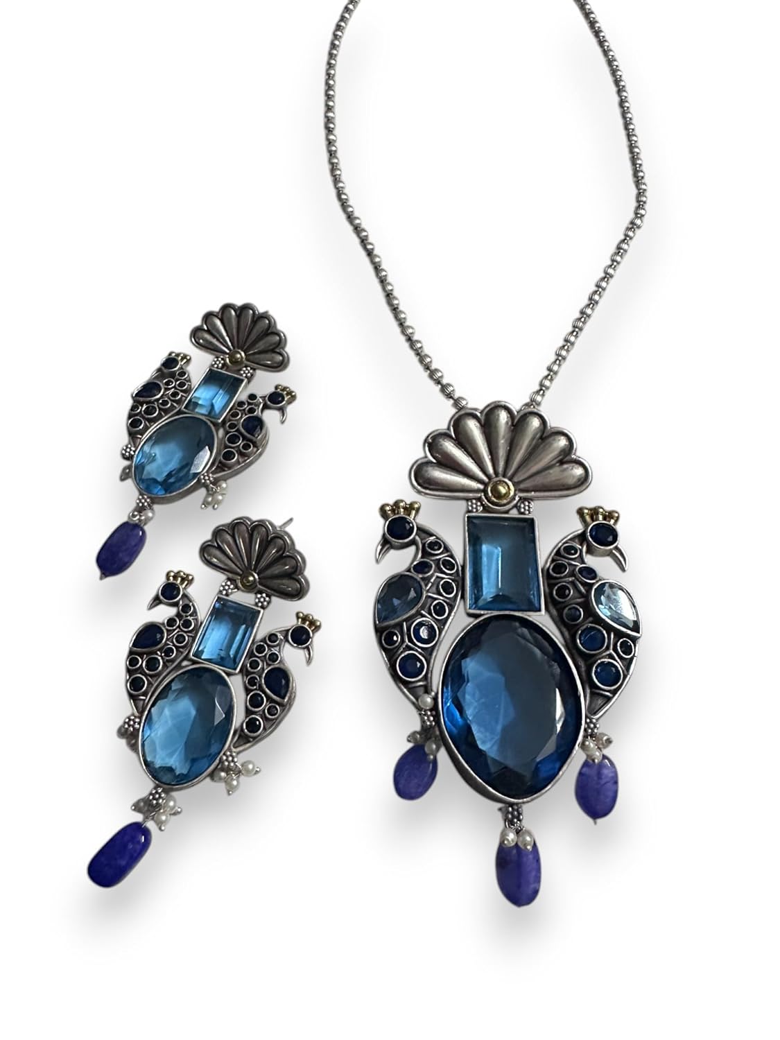 Vintage Style Peacock Jewelry Set, Blue Crystal Necklace and Earrings, Antique Silver Finish