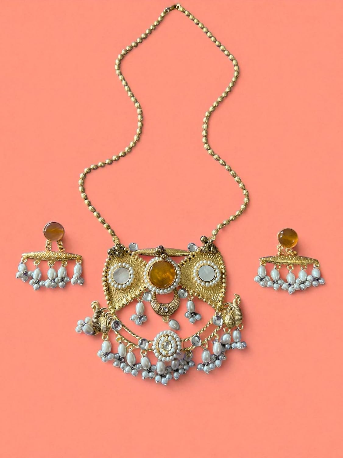 Rebekah Traditional Pearl Beaded Necklace with Earrings