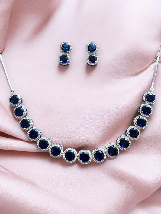 Sterling Silver Necklace and Earrings Set with Blue Sapphire Stones, Halo Design