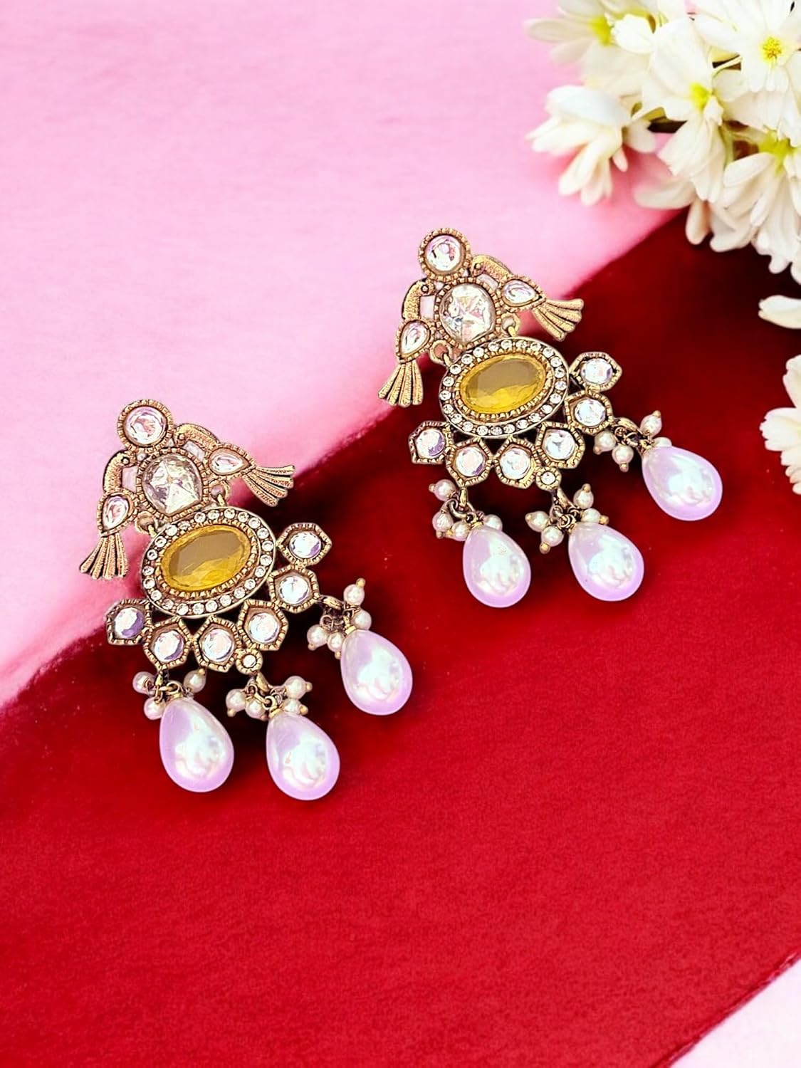 Rebekah Toned Multi Kundan & Pearl Drop Necklace Set