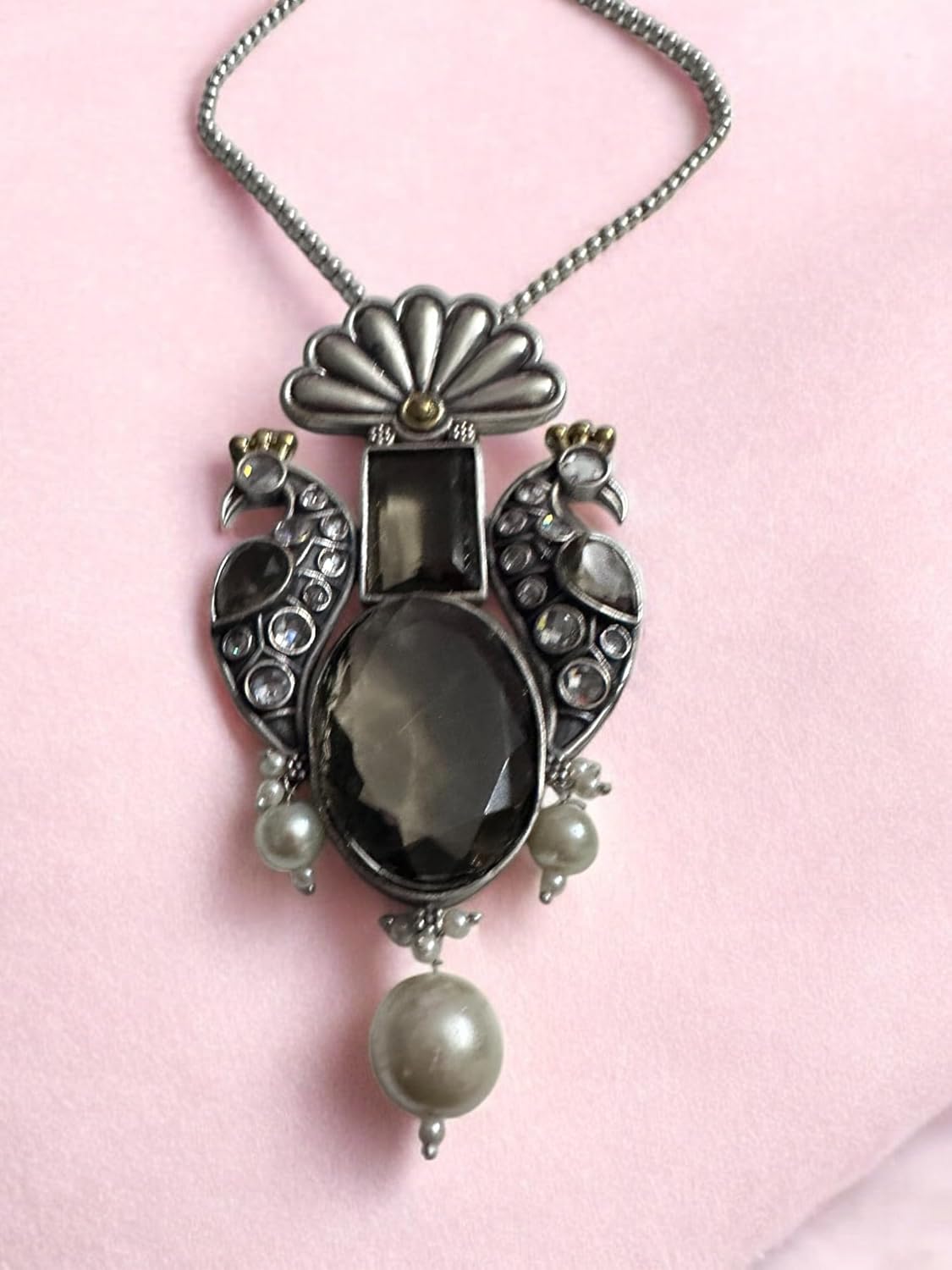 Vintage Style Peacock Jewellery Set, Smoky Crystal and Pearl Pendant Necklace with Matching Earrings, Antique Tone