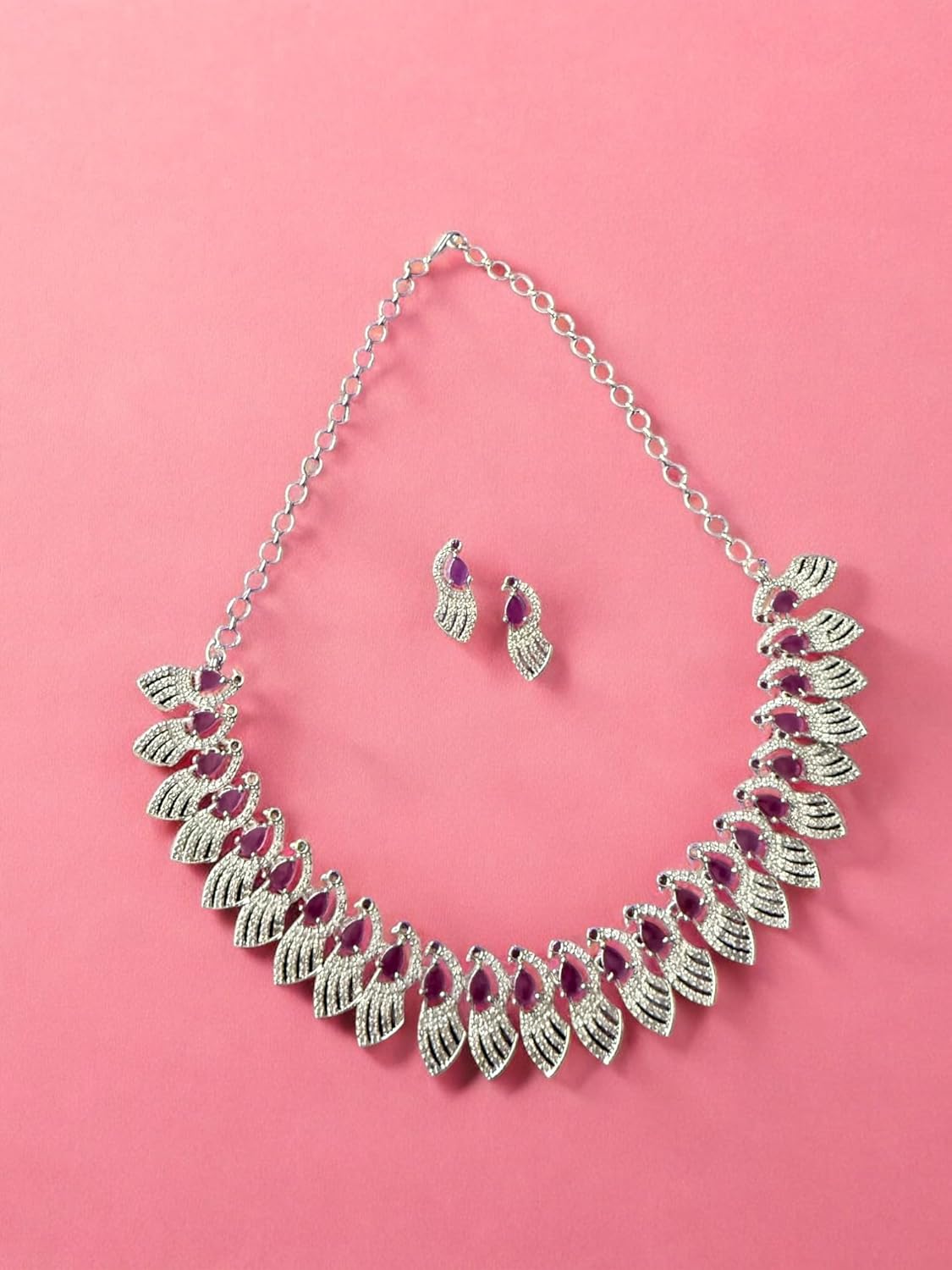 Rebekah Rhodium Plated Pink Cubic Zircon Studded Necklace Set