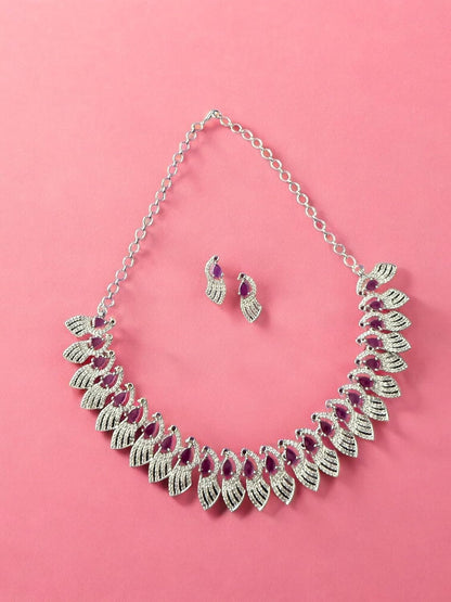 Rebekah Rhodium Plated Pink Cubic Zircon Studded Necklace Set
