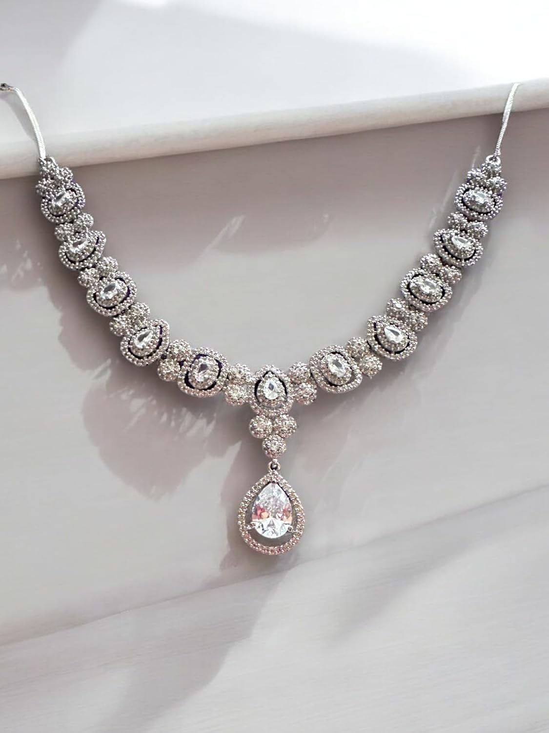 Elegant Diamond Necklace with Pear-Shaped Pendant, Sterling Silver
