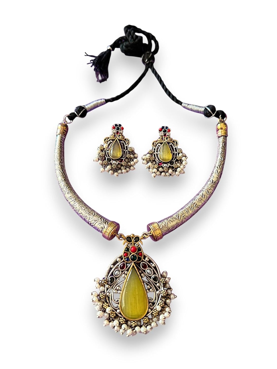 Rebekah Ethnic Flexible Hasli Set with Yellow Teardrop Pendant