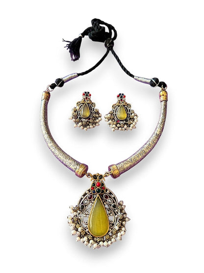 Rebekah Ethnic Flexible Hasli Set with Yellow Teardrop Pendant