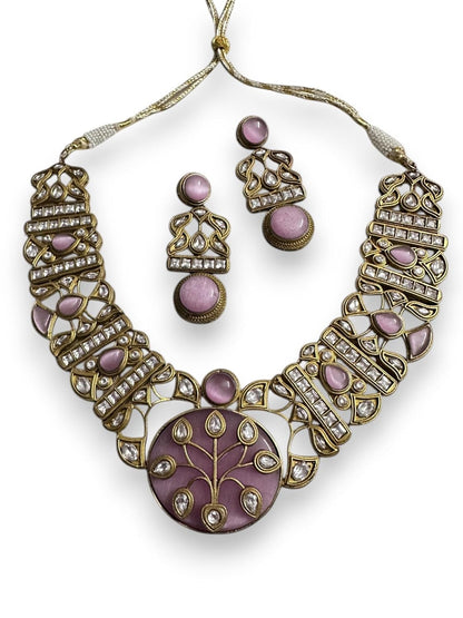 Vintage Style Multi-Gemstone Necklace and Earring Set, Antique Gold Finish, Yellow Jade Centre Medallion