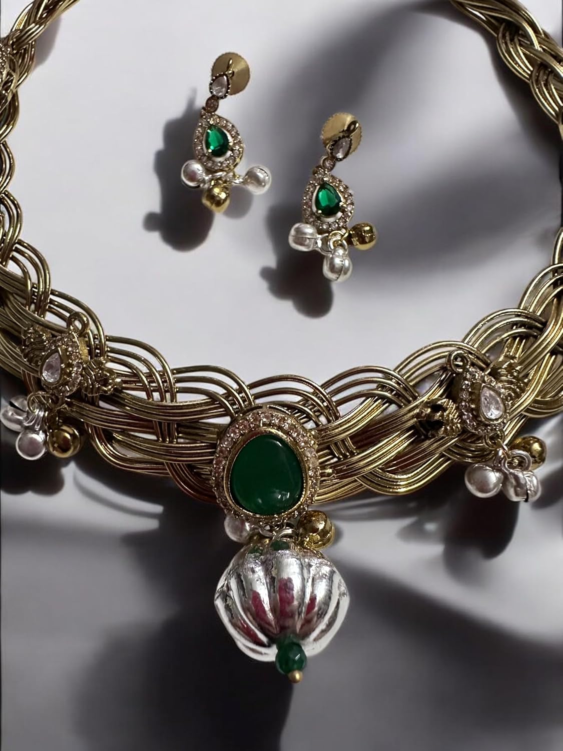 Vintage Style Choker Necklace and Earring Set, Green Gemstones, Crystal Accents