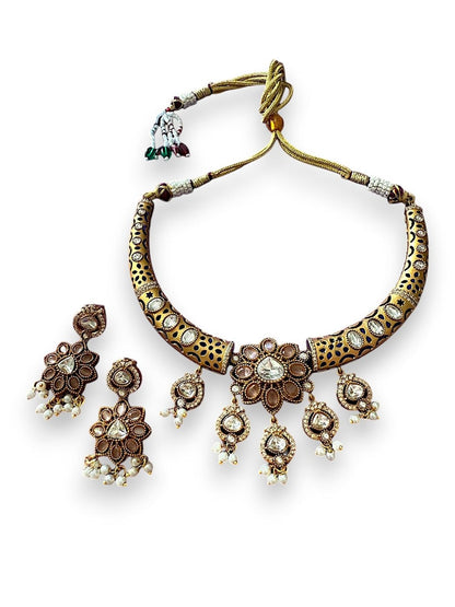 Rebekah Royal Radiance Antique Kundan Cutout Hasli Necklace Set with Tear Drops