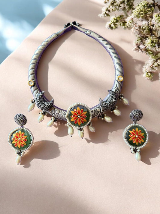 Rebekah Handpainted Handpainted Kalakaari Oxidized Necklace Set