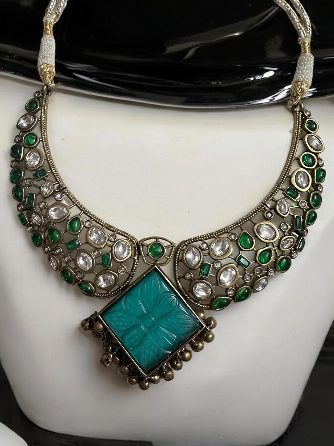 Vintage Style Necklace and Earring Set, Carved Turquoise Square Pendant, Crystal and Emerald Green Stones, Antique Bronze