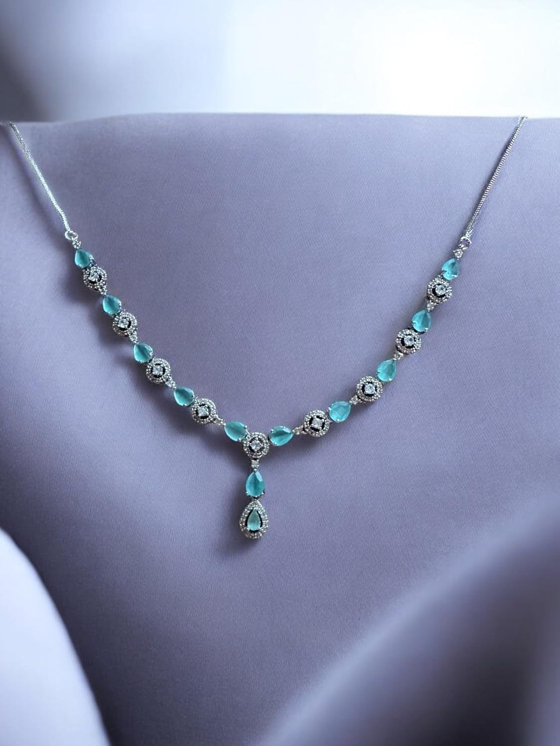 Turquoise and Rhodium Plated Necklace Set with Earrings, Intricate Design