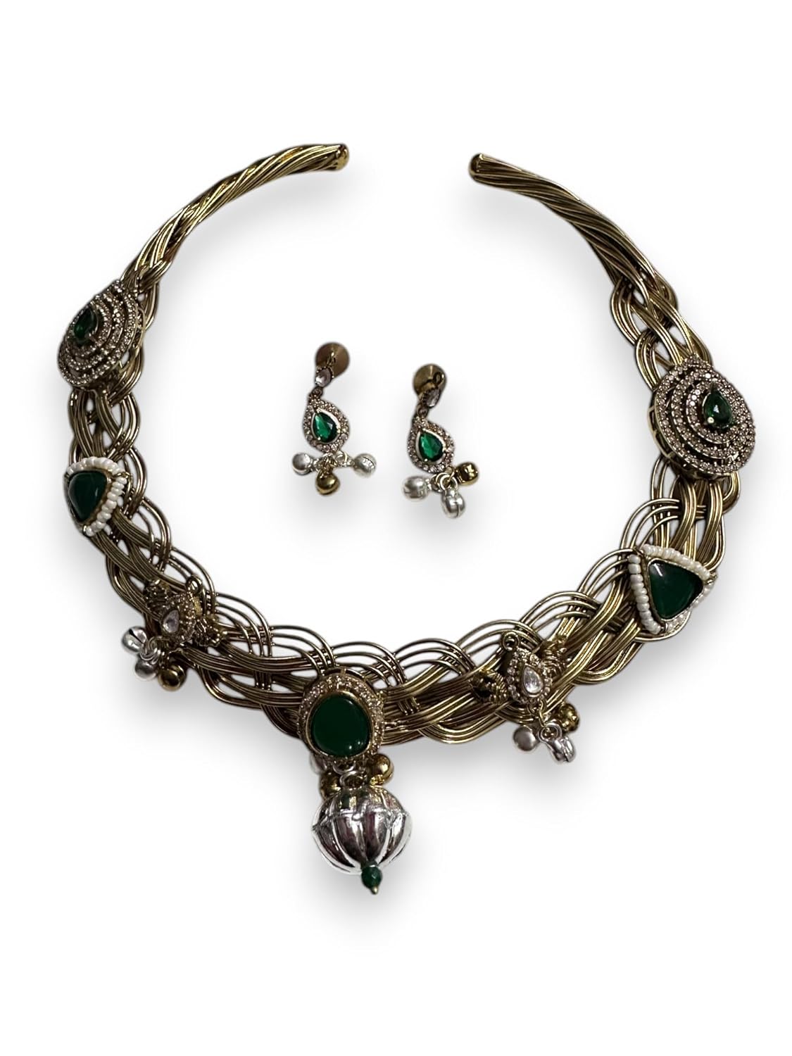 Vintage Style Choker Necklace and Earring Set, Green Gemstones, Crystal Accents