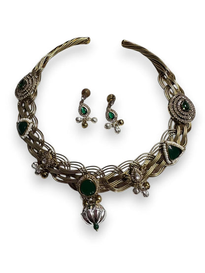Vintage Style Choker Necklace and Earring Set, Green Gemstones, Crystal Accents