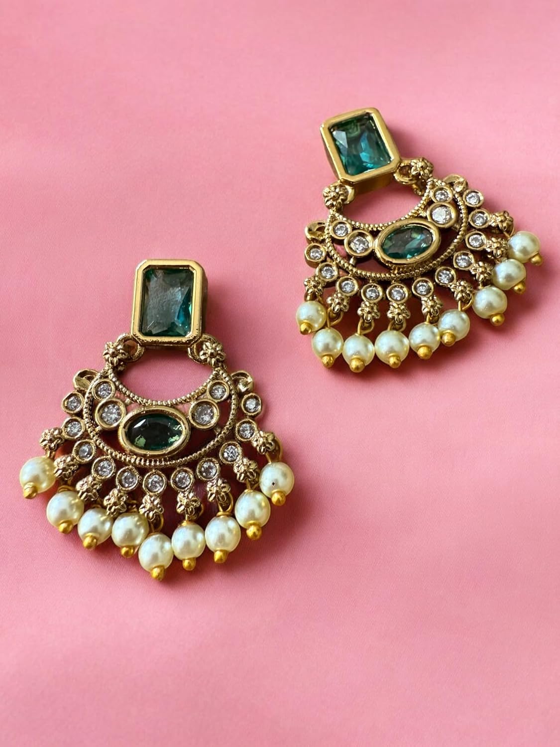 Rebekah Gold Plated Green Cubic Zircon Studded Jewellery Set