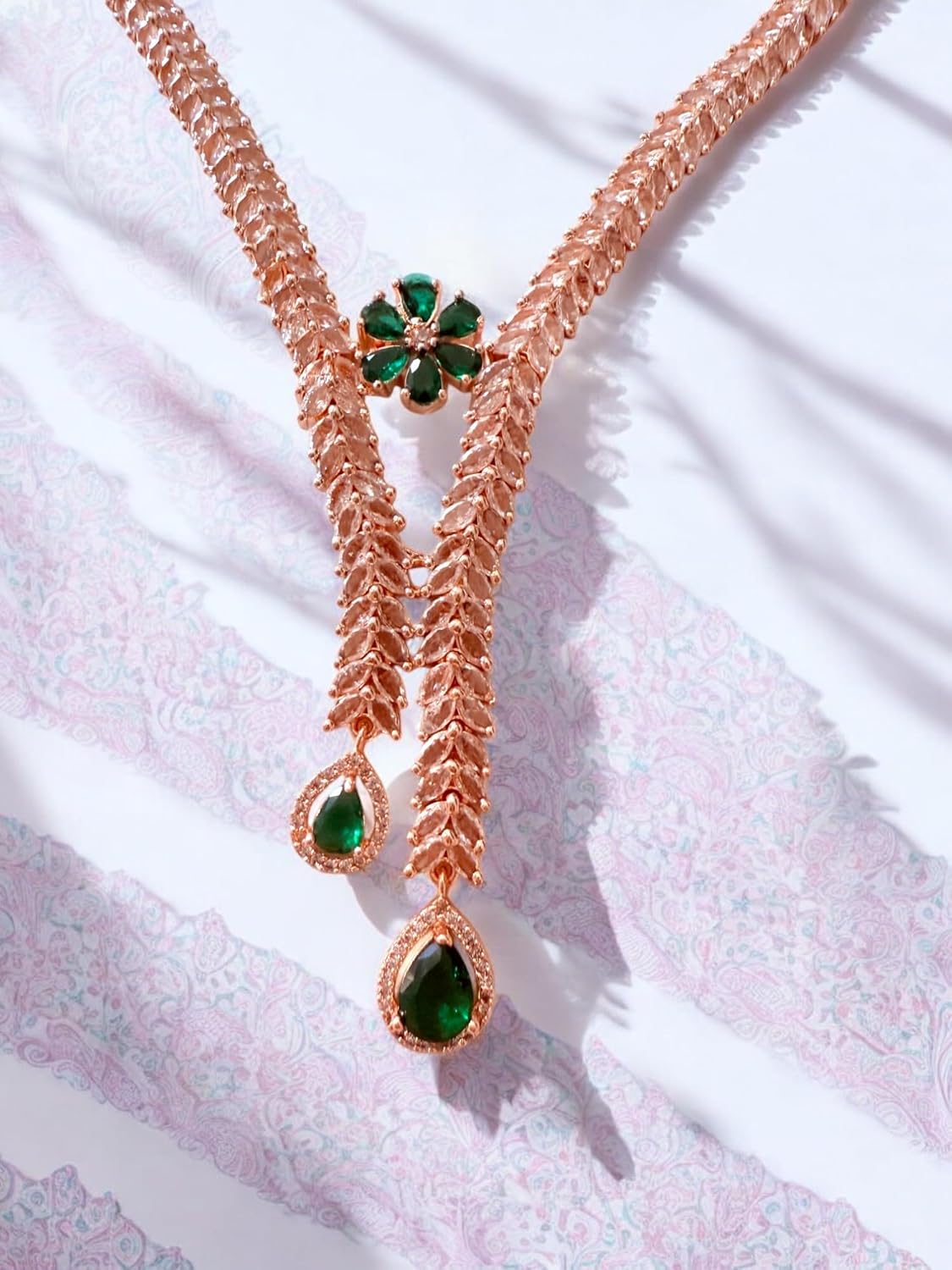 Rebekah Gold-Plated CZ Necklace Set with Floral Green Accents and Tear-Drop Danglers