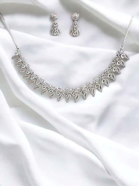 Cubic Zirconia Necklace Set with Leaf Design, 50 cm Chain, Silver Tone