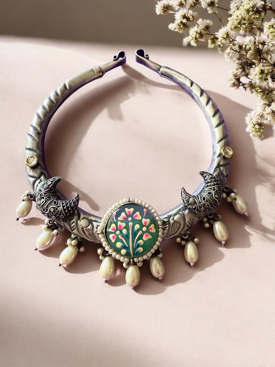 Rebekah Handpainted Handpainted Kalakaari Oxidized Necklace Set