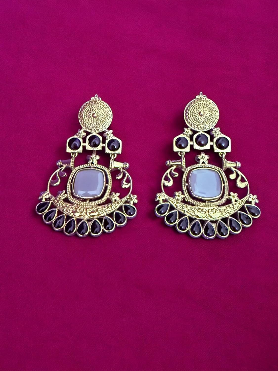 Designer Black Chandbali Earrings with Antique Gold Finish
