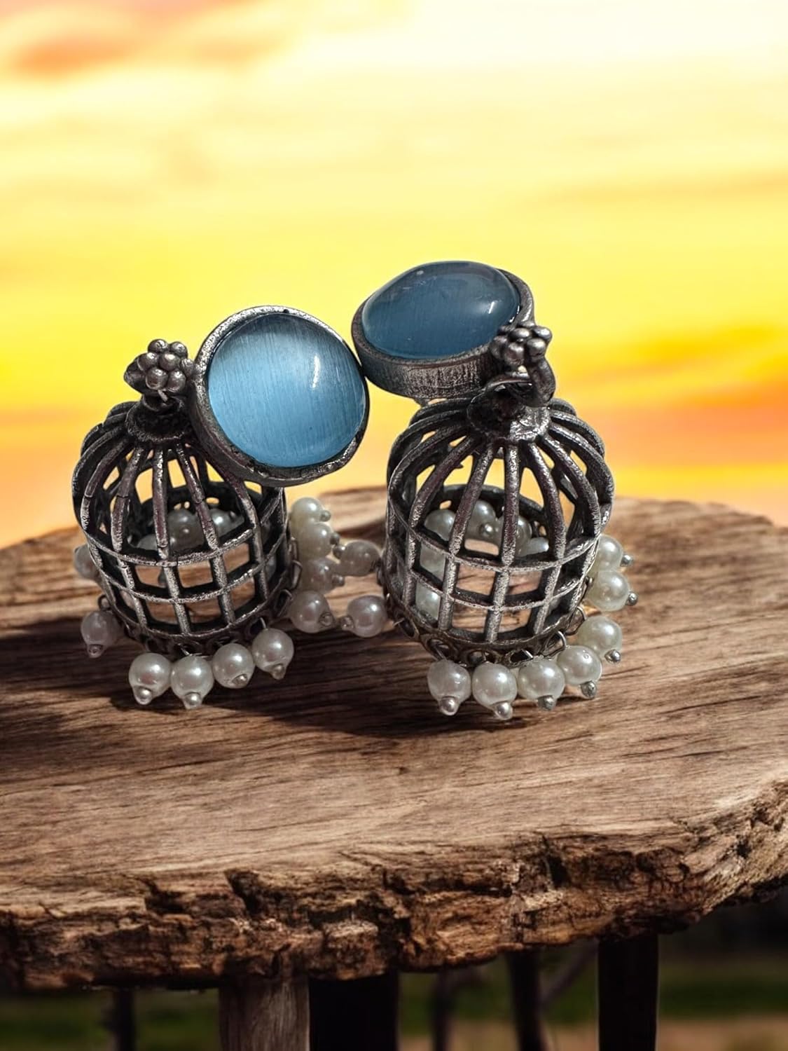Vintage Style Jewelry Set, Blue Gemstone Pendant Necklace with Pearl Accents and Matching Cage Earrings, Antique Finish