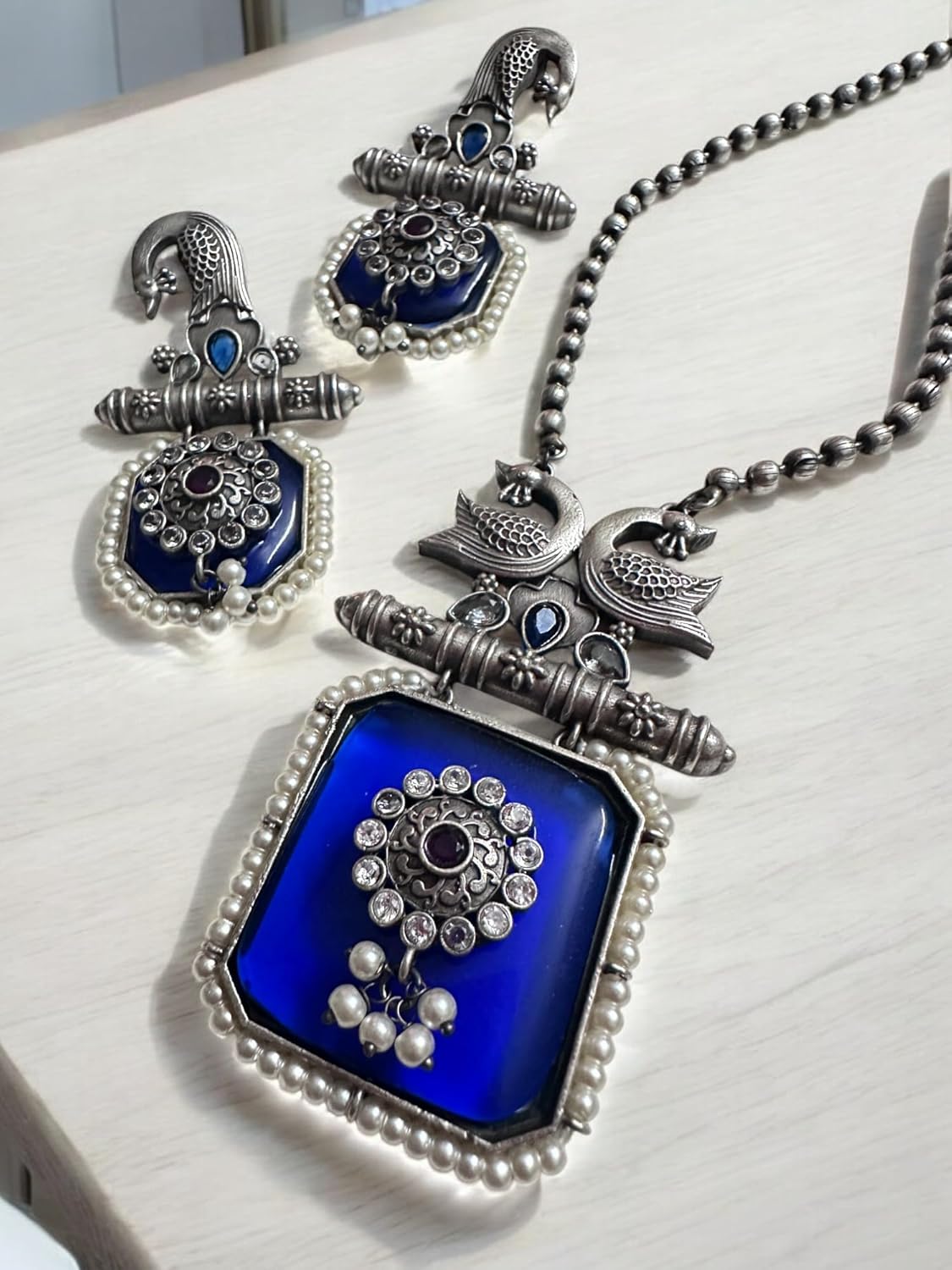 Vintage Style Peacock Jewelry Set with Blue Enamel, Pearl and Crystal Pendant Necklace and Earrings,