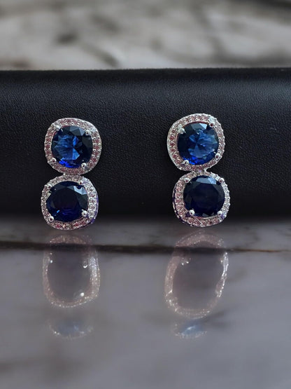 Sterling Silver Necklace and Earrings Set with Blue Sapphire Stones, Halo Design
