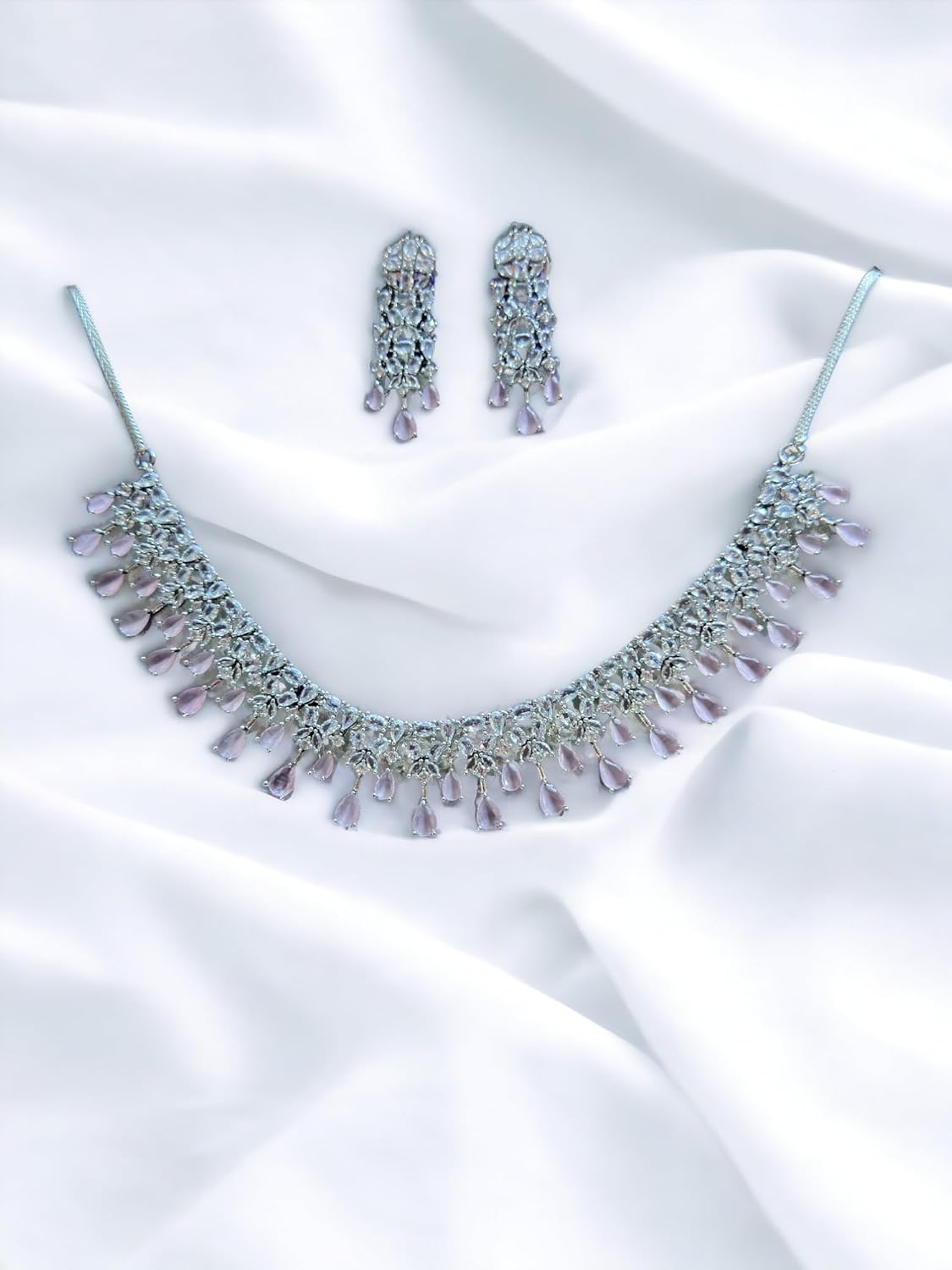 Stunning Crystal Necklace Set with Teardrop Pendants, Silver Tone