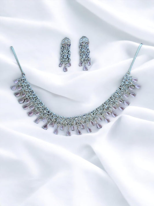 Stunning Crystal Necklace Set with Teardrop Pendants, Silver Tone