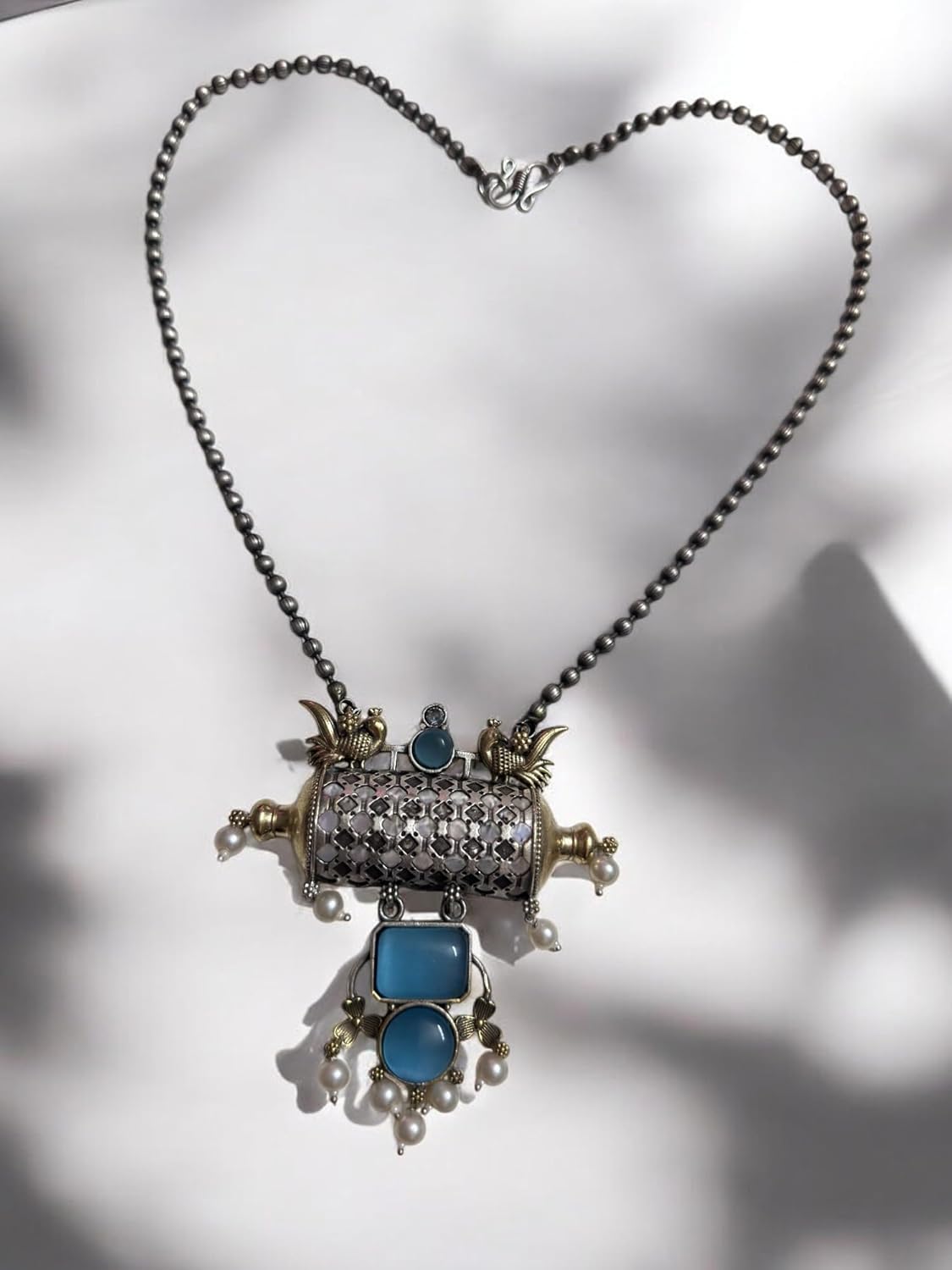 Vintage Style Jewelry Set, Blue Gemstone Pendant Necklace with Pearl Accents and Matching Cage Earrings, Antique Finish
