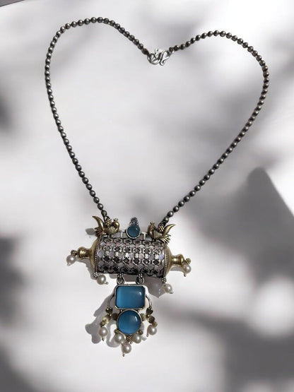 Vintage Style Jewelry Set, Blue Gemstone Pendant Necklace with Pearl Accents and Matching Cage Earrings, Antique Finish
