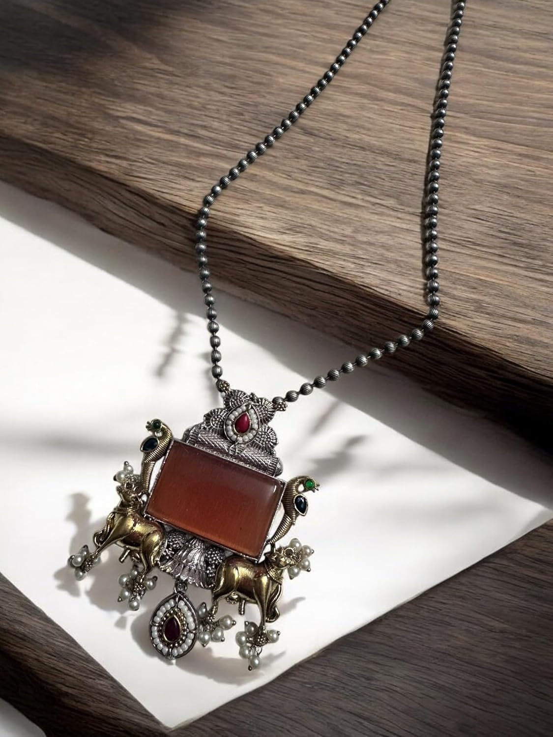 Vintage Style Pendant Necklace Set with Blue Stones, Pearl Beads, Antique Metal Chain, Cage Design Earrings