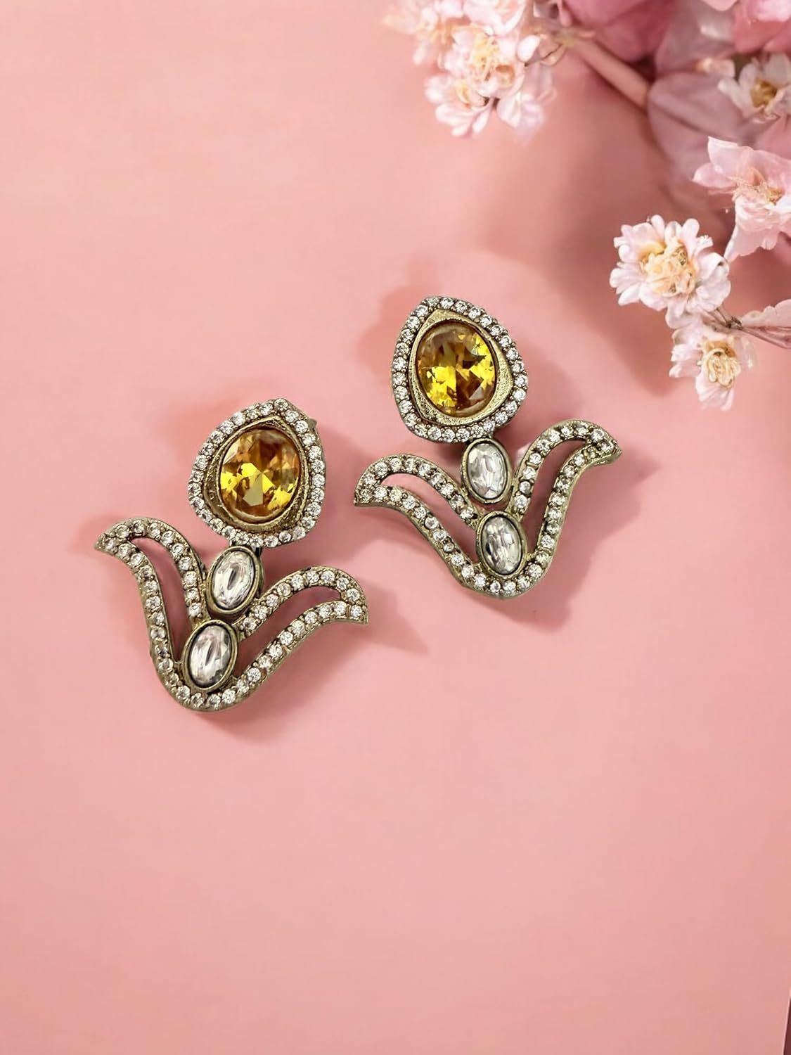 Rebekah Yellow beaded multistrand kundan necklace set with studded earrings