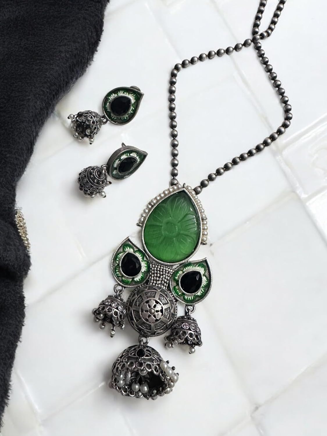 Vintage Style Oxidized Silver Necklace and Earring Set with Green Glass Pendant, Jhumka Danglers