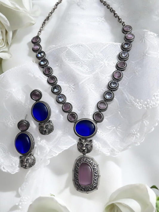 Vintage Style Necklace and Earring Set, Blue Crystal and Tiger Charm, Antique Silver Chain with Pink and Blue Stones