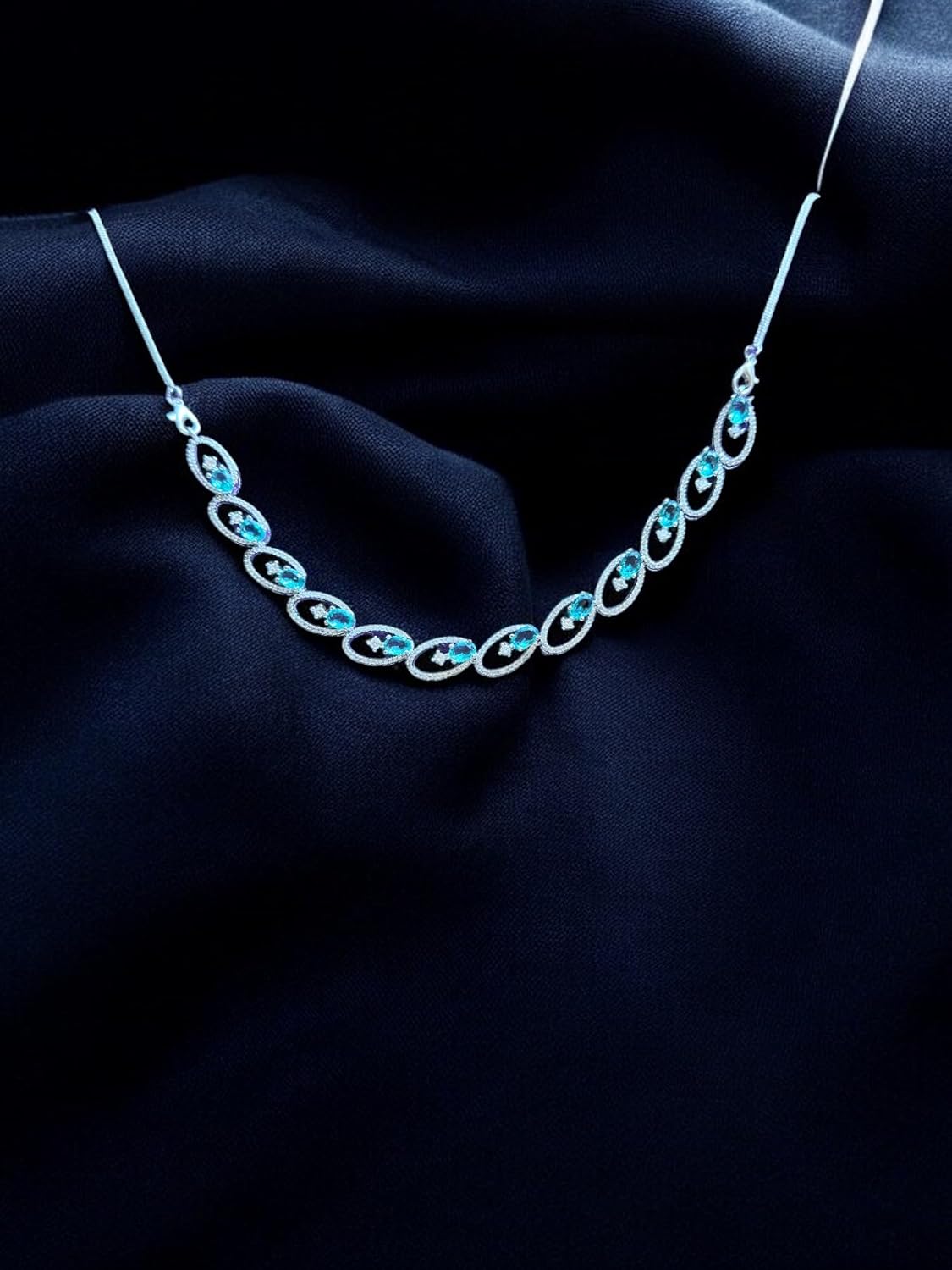 Stylish Necklace and Earrings Set with Blue Gemstones, Silver Finish