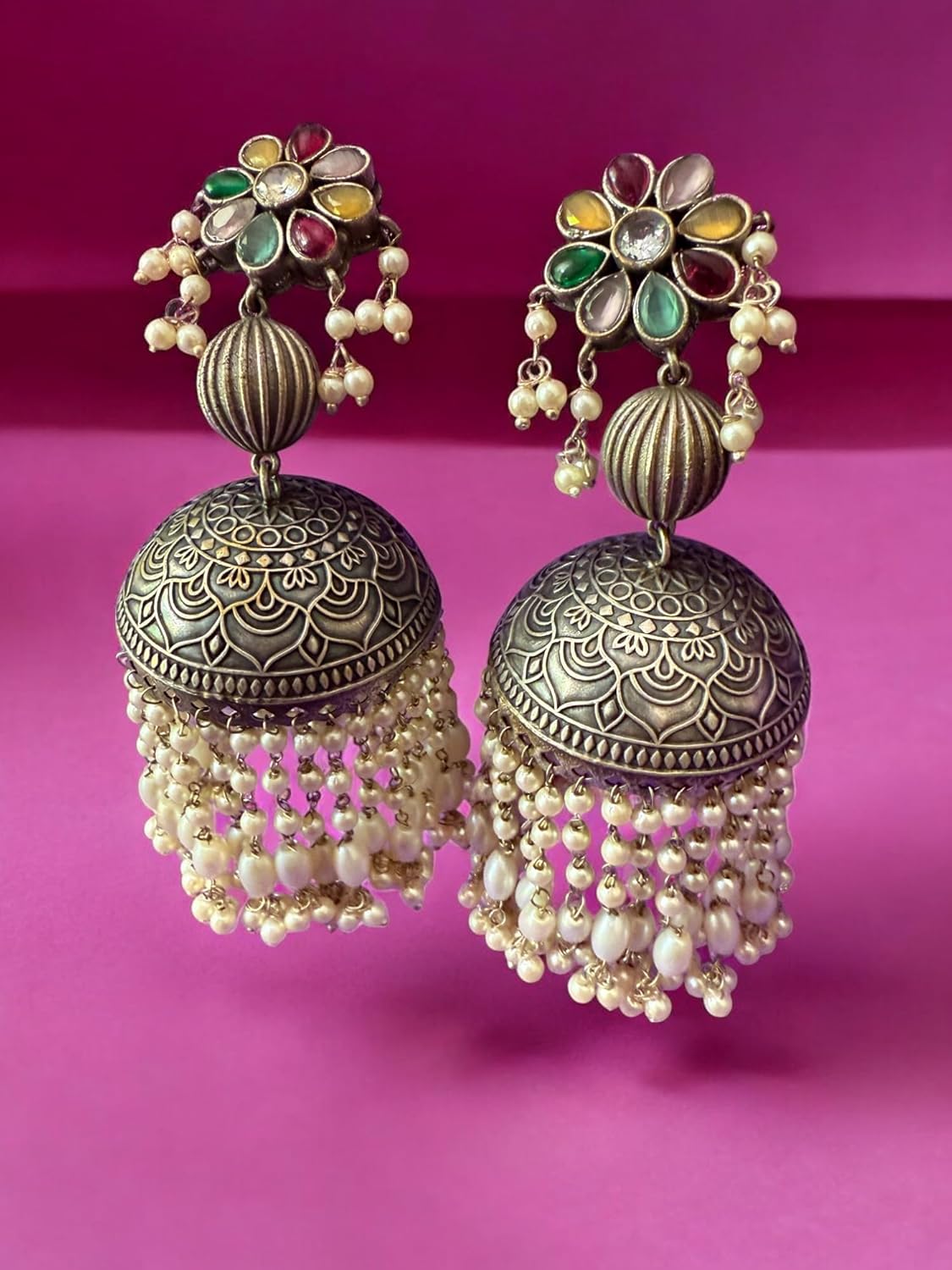 Multi Pearl Strands Dome Jhumka Earrings
