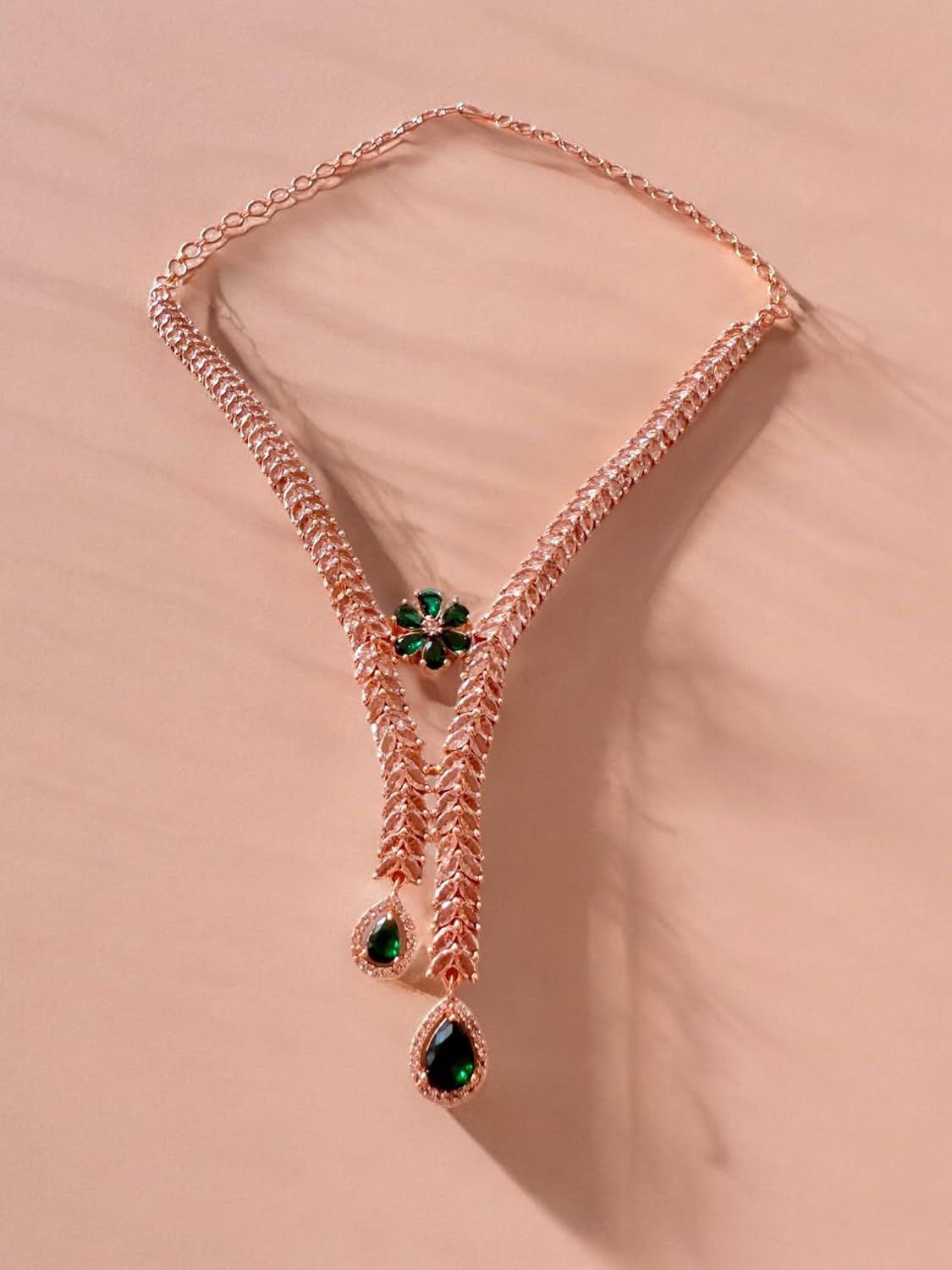 Rebekah Gold-Plated CZ Necklace Set with Floral Green Accents and Tear-Drop Danglers