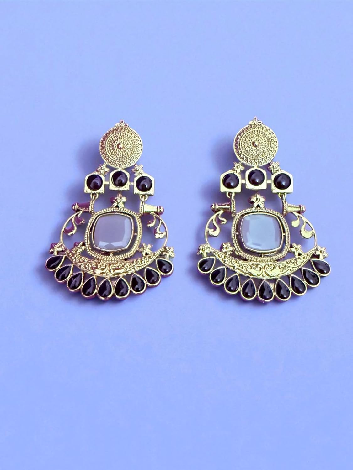 Designer Black Chandbali Earrings with Antique Gold Finish