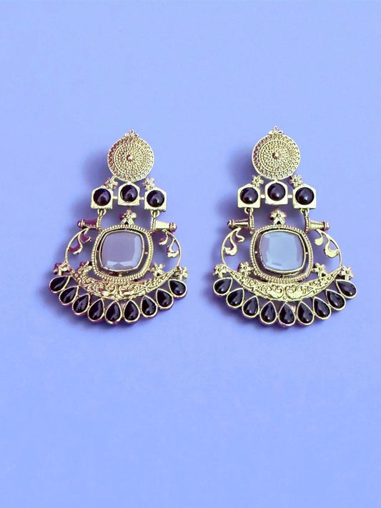 Designer Black Chandbali Earrings with Antique Gold Finish