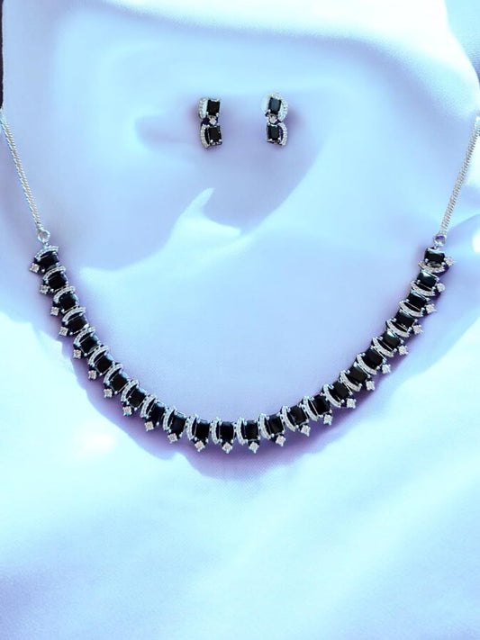 Brilliant Necklace Set with Black Gemstones, Rhodium Plating, 46 cm Length