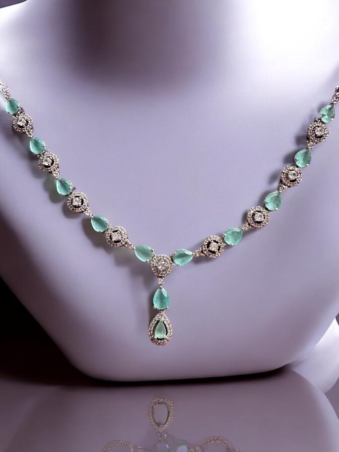 Turquoise and Rhodium Plated Necklace Set with Earrings, Intricate Design