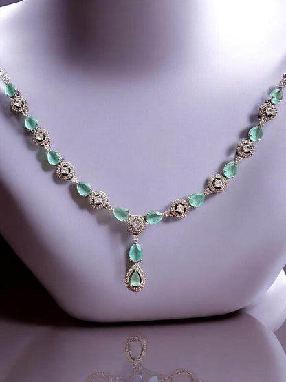 Turquoise and Rhodium Plated Necklace Set with Earrings, Intricate Design