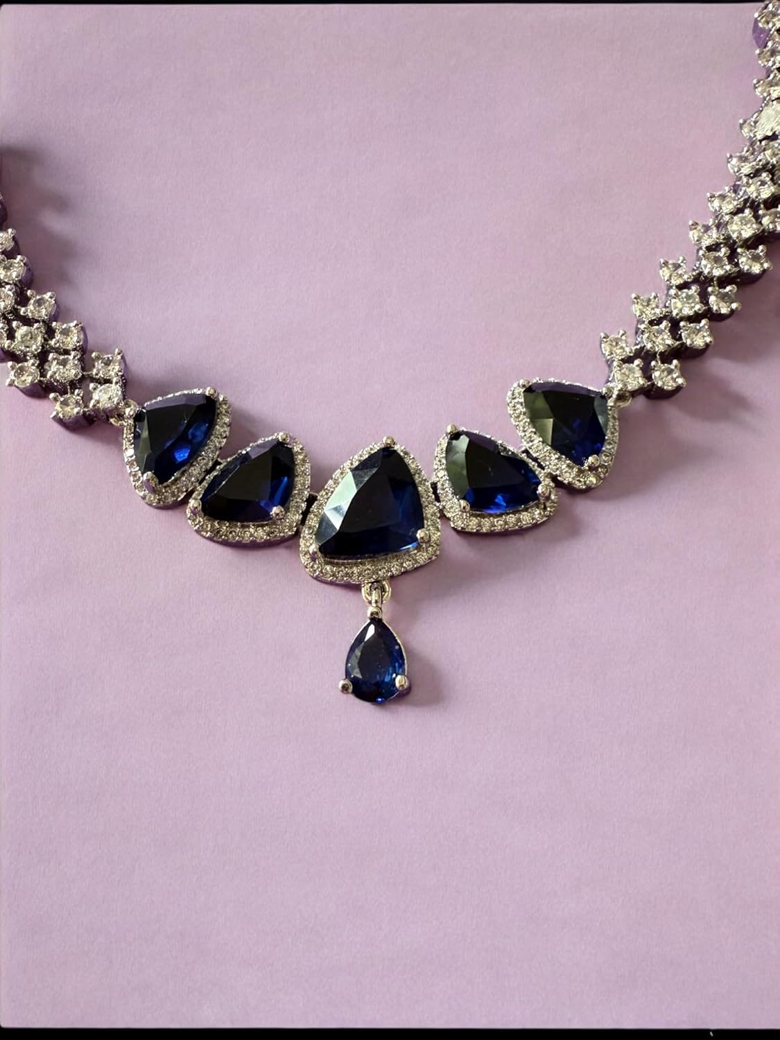 Rebekah Rhodium Plated Blue Cubic Zircon Studded Necklace Set