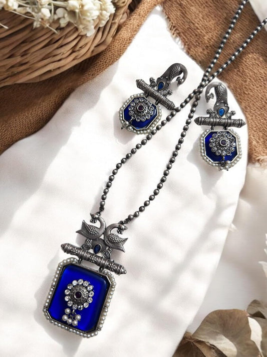 Vintage Style Peacock Jewelry Set with Blue Enamel, Pearl and Crystal Pendant Necklace and Earrings,