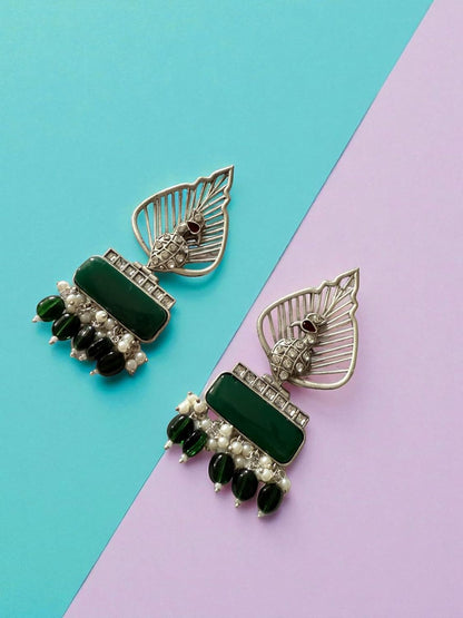 Silver Leaf & Green Gem Danglers