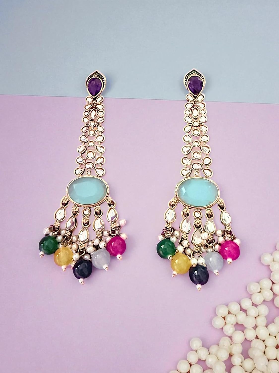 Multicolor Beaded Long Kundan Earrings with Blue