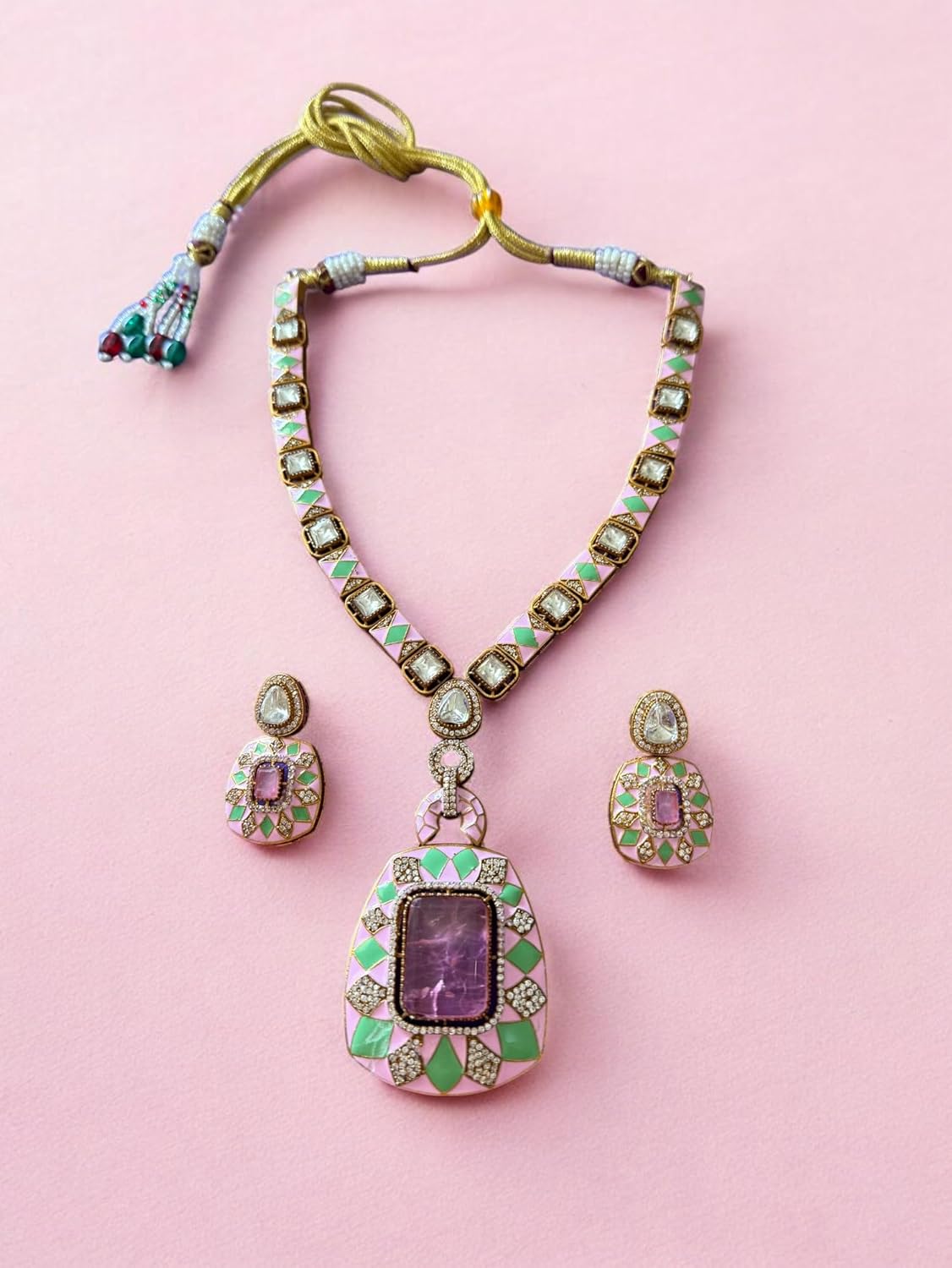 Pastel Pink Majesty Meenakari Long Pendant Set
